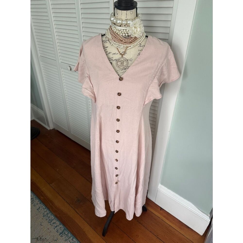 Calvin Klein Womens Linen Dress Size 12 Flutter Cottagecore Coquette Blush Pink